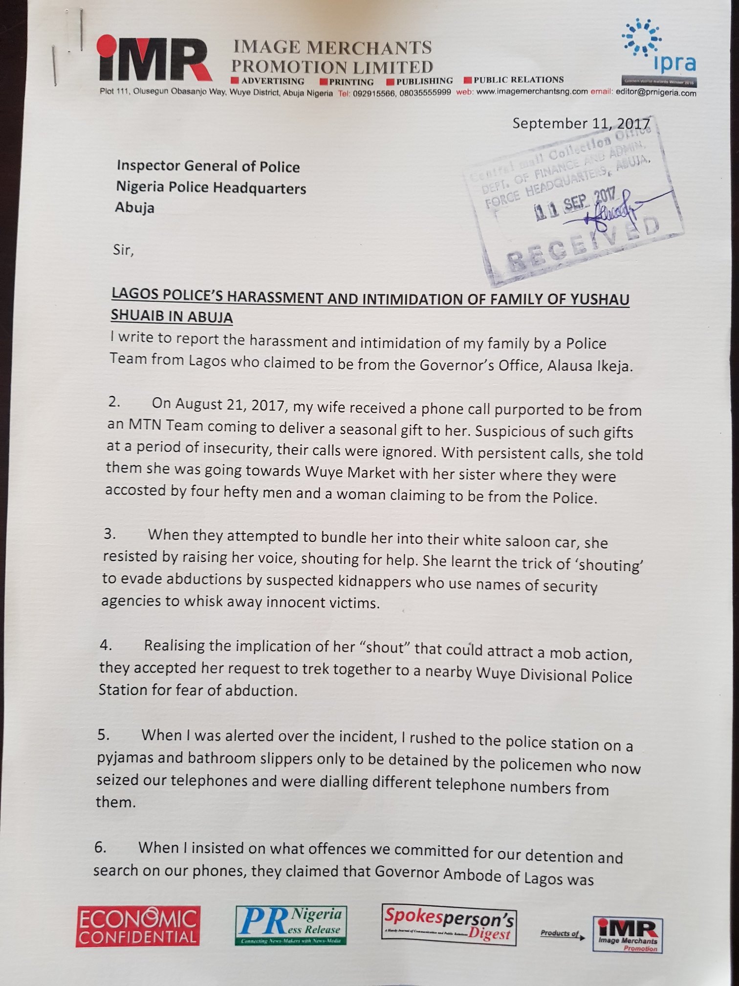 PRNigeria Publisher Petitions Police Boss Over Harassment, Intimidation of Family in Abuja